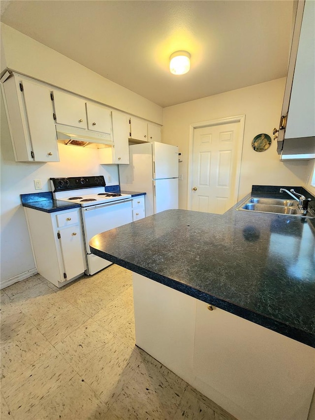 kitchen featuring kitchen peninsula, sink, white cabinets, and white appliances