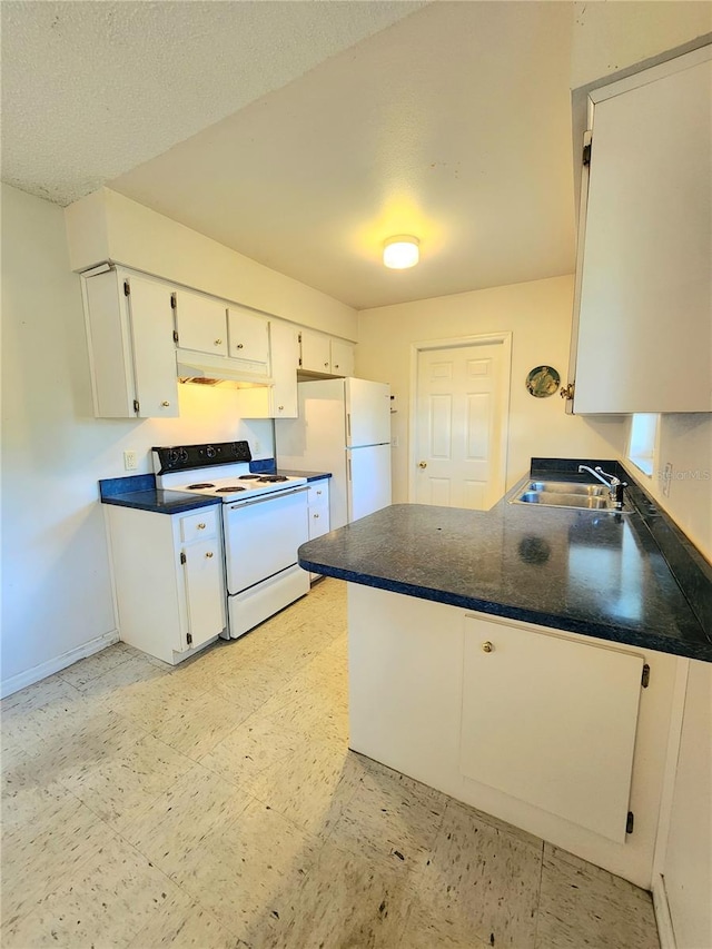 kitchen with white cabinets, sink, a textured ceiling, white electric range oven, and kitchen peninsula