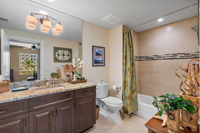 full bathroom featuring shower / tub combo, vanity, ceiling fan, tile patterned flooring, and toilet