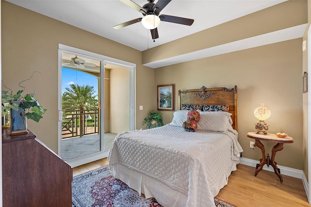 bedroom with access to exterior, ceiling fan, and light wood-type flooring