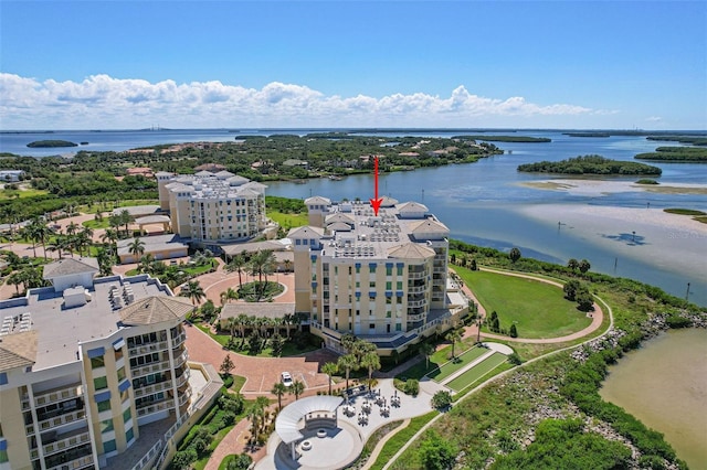 aerial view featuring a water view