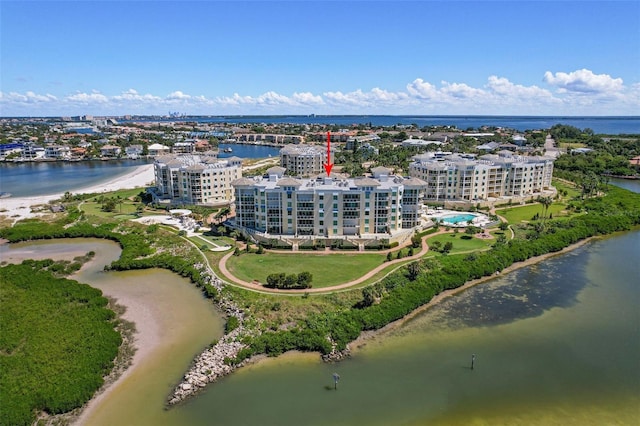 aerial view featuring a water view