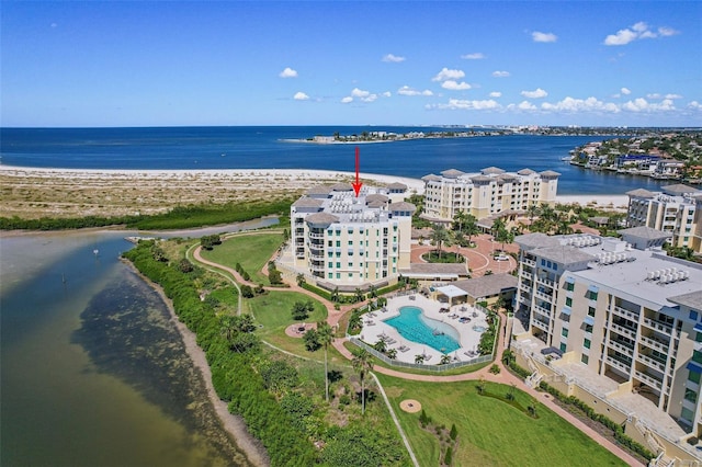 drone / aerial view with a water view