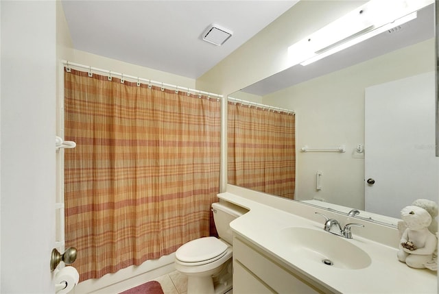 full bathroom featuring tile patterned floors, shower / bath combination with curtain, toilet, and vanity