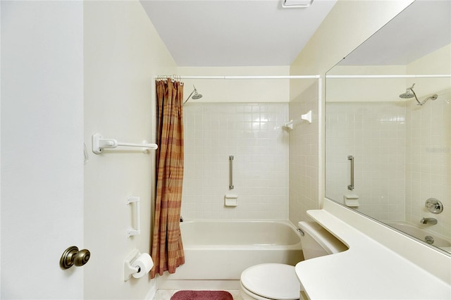 bathroom featuring toilet and shower / tub combo with curtain