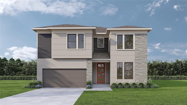 modern home with stucco siding, driveway, a front lawn, and stone siding