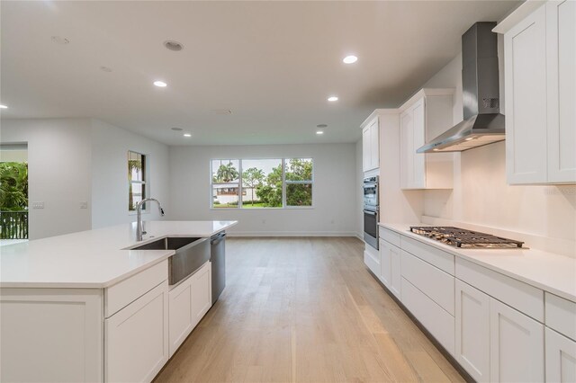 kitchen featuring white cabinets, sink, stainless steel appliances, and wall chimney range hood