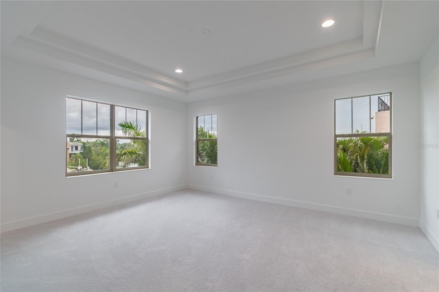 carpeted empty room featuring a tray ceiling