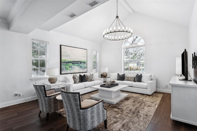 living room featuring a notable chandelier, beam ceiling, high vaulted ceiling, and dark hardwood / wood-style floors