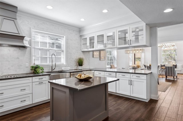 kitchen with white cabinetry, sink, ornamental molding, and kitchen peninsula