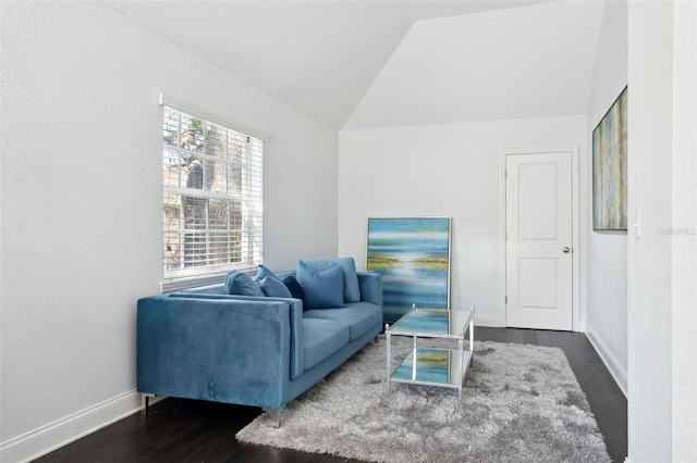 living room featuring vaulted ceiling and dark wood-type flooring