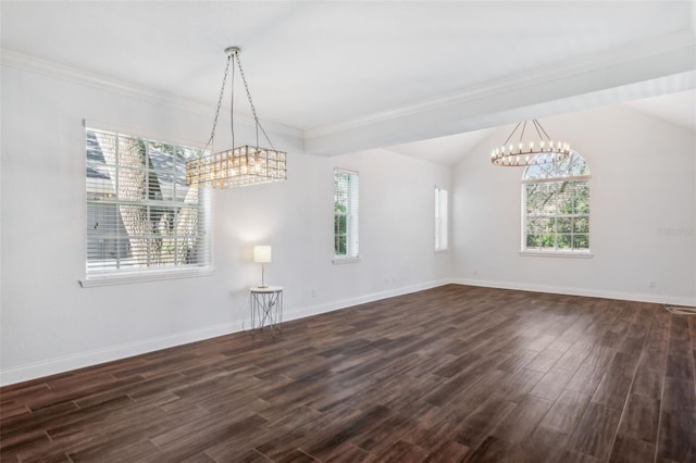 unfurnished dining area with crown molding, a healthy amount of sunlight, and dark wood-type flooring