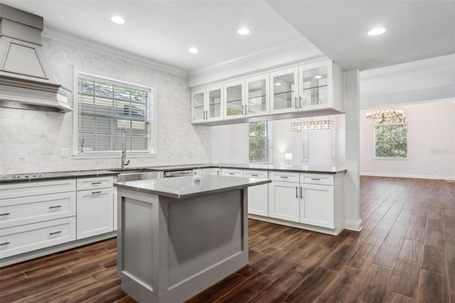 kitchen with white cabinetry, a kitchen island, sink, and dark wood-type flooring