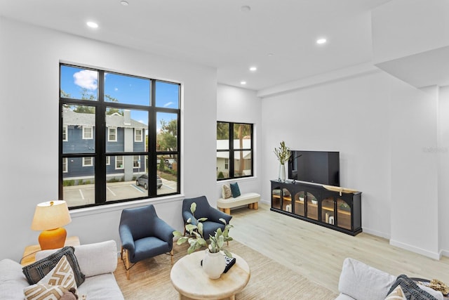 living room featuring plenty of natural light and light hardwood / wood-style floors