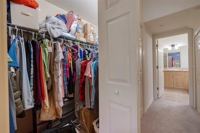 walk in closet with light colored carpet