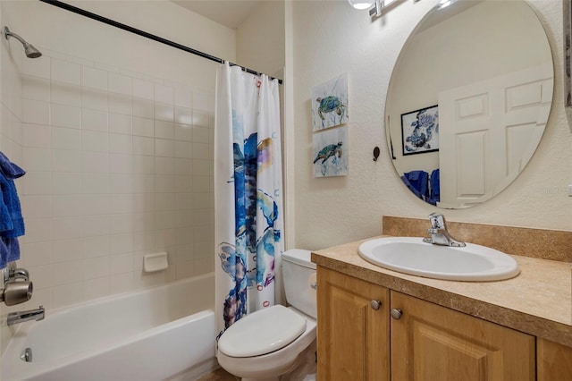 full bathroom with vanity, toilet, and shower / bath combo with shower curtain