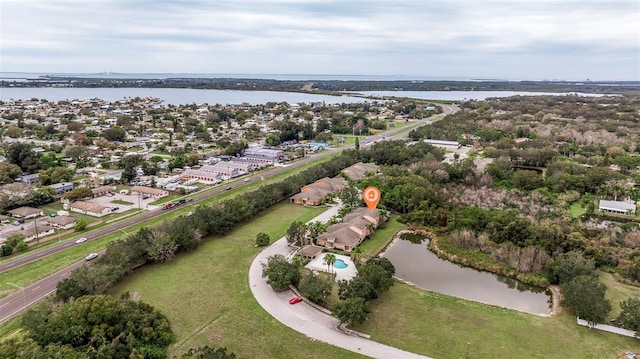 bird's eye view with a water view