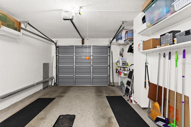 garage featuring concrete block wall and a garage door opener