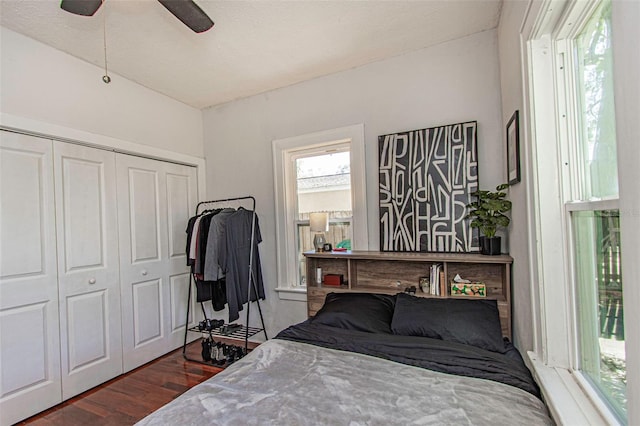 bedroom with multiple windows, ceiling fan, a closet, and dark wood-type flooring