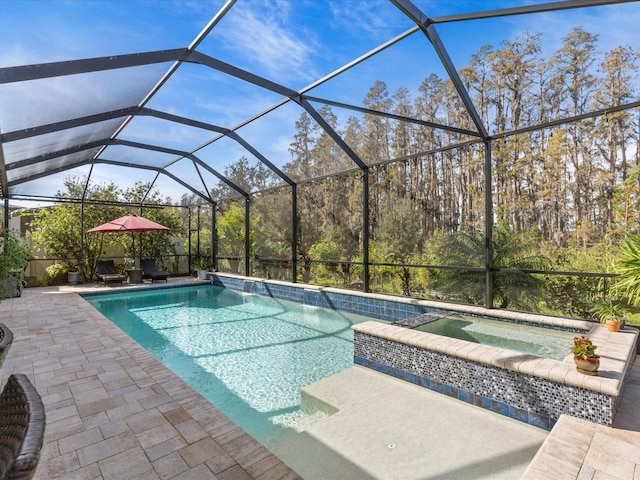 view of swimming pool with a patio area and a lanai