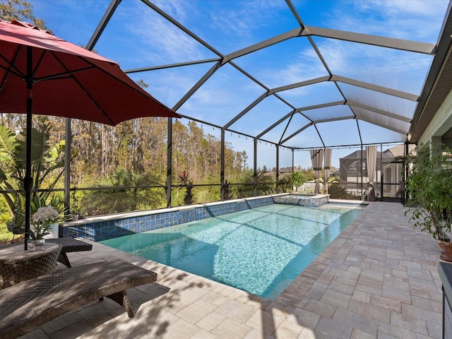 view of swimming pool with a lanai and a patio