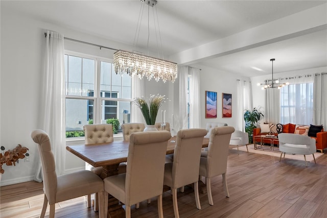 dining area featuring light wood-style floors, a wealth of natural light, and a notable chandelier