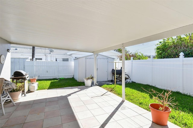 view of patio / terrace featuring area for grilling and a storage unit