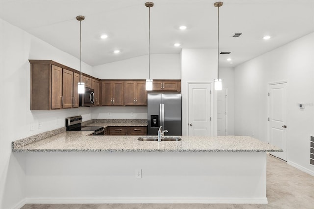 kitchen featuring hanging light fixtures, light stone counters, kitchen peninsula, lofted ceiling, and appliances with stainless steel finishes