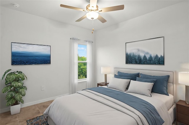 tiled bedroom with ceiling fan