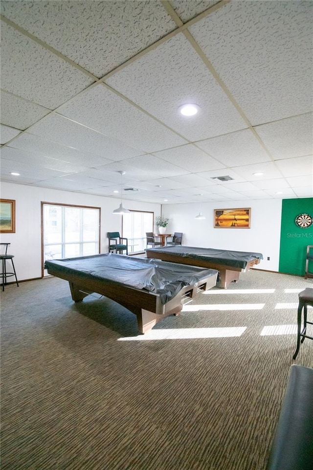 recreation room with billiards and carpet flooring