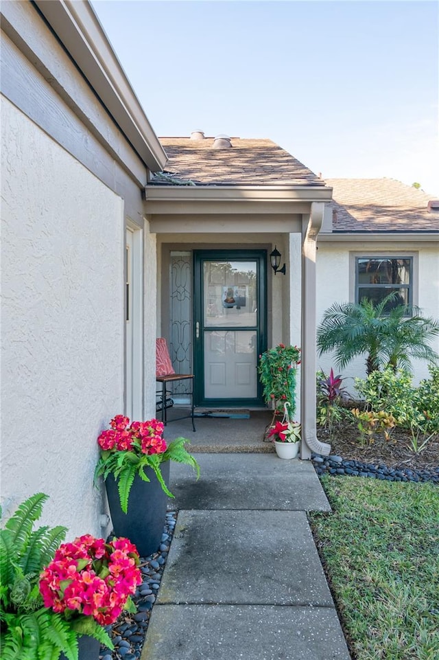 entrance to property with roof with shingles and stucco siding