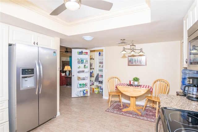kitchen with white cabinets, stainless steel fridge with ice dispenser, electric range oven, ceiling fan, and light countertops