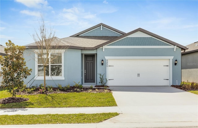 single story home featuring roof with shingles, stucco siding, concrete driveway, an attached garage, and a front lawn