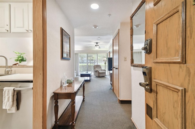 hall featuring dark carpet and sink