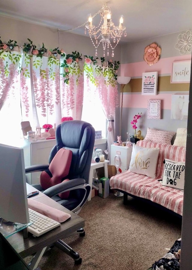 carpeted office space featuring an inviting chandelier