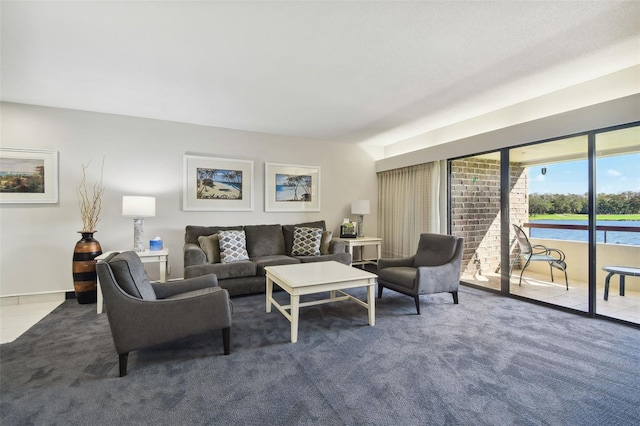 living room featuring carpet floors and a water view