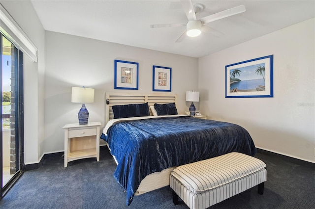 bedroom with dark colored carpet, ceiling fan, and access to exterior