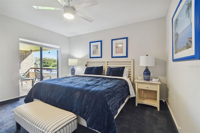 bedroom with ceiling fan and dark colored carpet