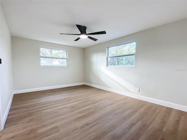 empty room with light hardwood / wood-style flooring, a wealth of natural light, and ceiling fan