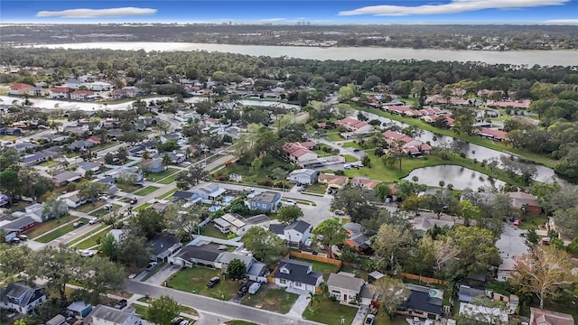 drone / aerial view with a water view