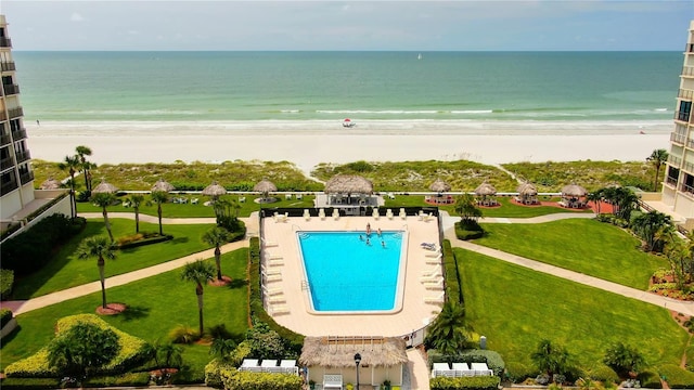 aerial view with a view of the beach and a water view