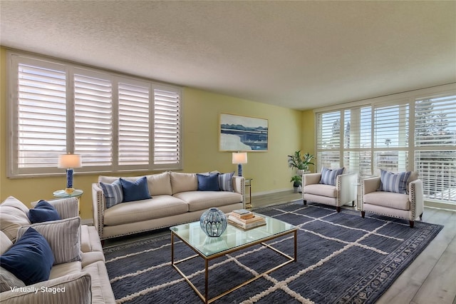 living area with a textured ceiling, baseboards, and wood finished floors