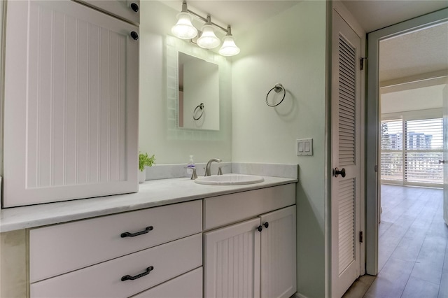 bathroom featuring a closet, vanity, and wood finished floors