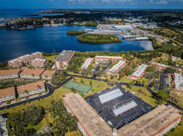 drone / aerial view with a water view