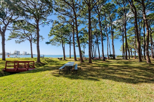 view of home's community with a water view and a lawn