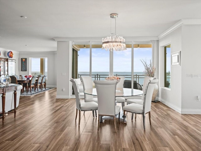 dining space with crown molding, a water view, a healthy amount of sunlight, and wood-type flooring