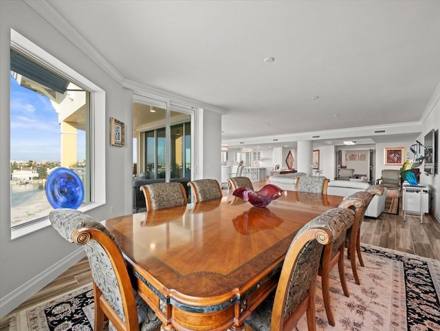 dining room featuring wood-type flooring and ornamental molding