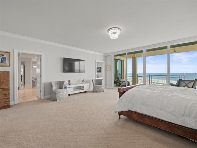 carpeted bedroom with expansive windows, ornamental molding, and access to outside