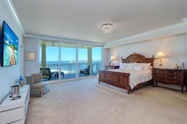 bedroom with access to outside, crown molding, a water view, and light carpet