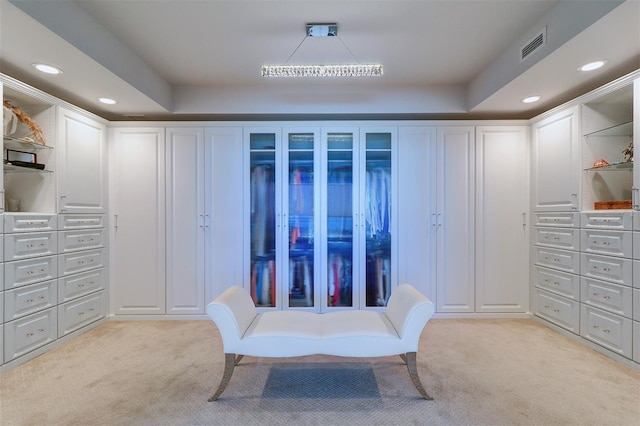 walk in closet with a raised ceiling and light colored carpet